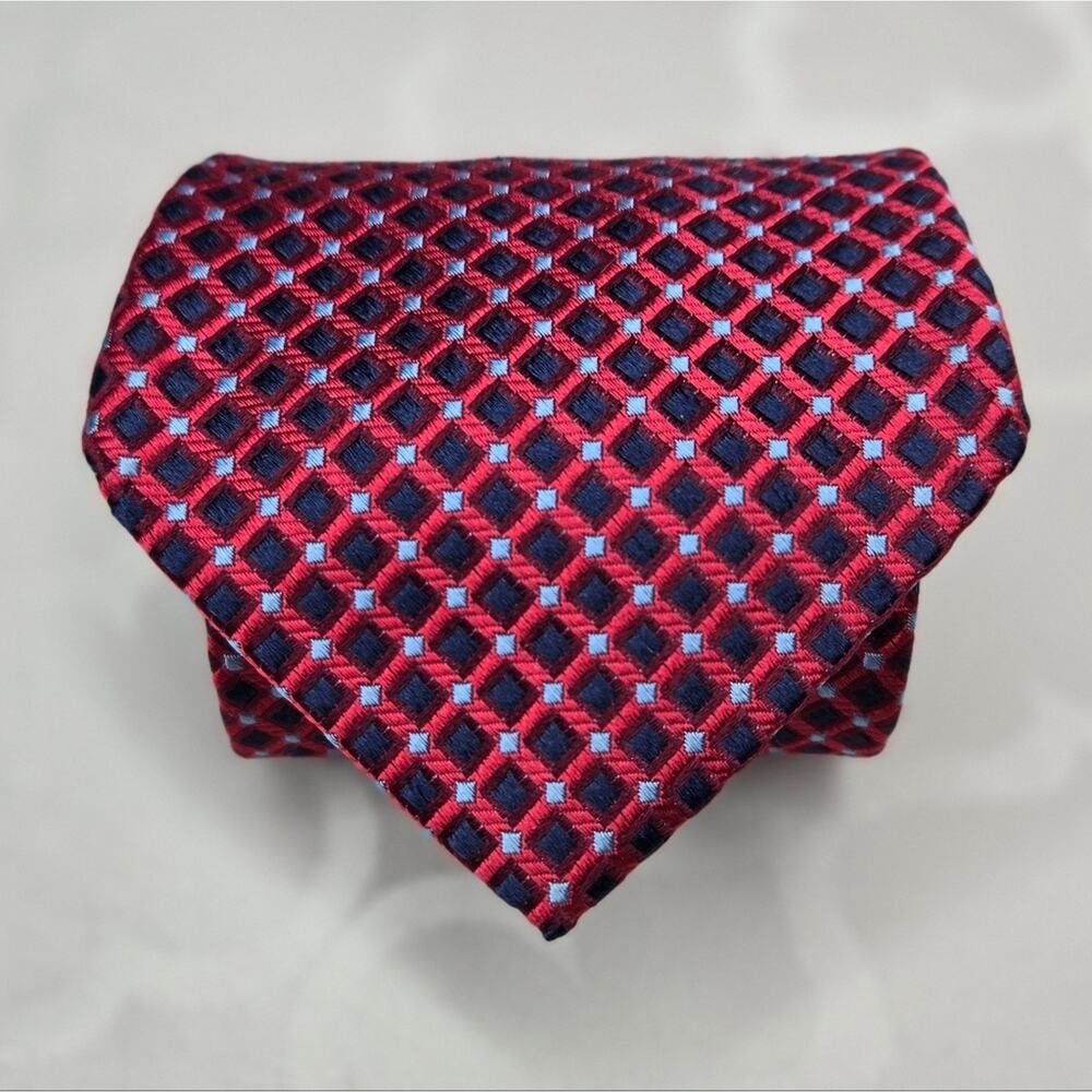 Tommy Hilfiger 100% Silk Red Navy & Light Blue Men's Tie Classic Pointed Style